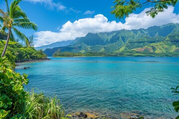 Beach with palm trees on the shore in the style of birds-eye-view. Turquoise and white plane view on beach. Beautiful simple AI generated image in 4K, unique.