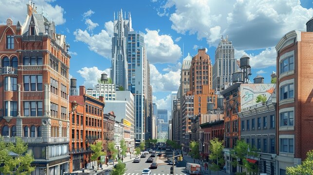 A cityscape featuring a mix of old and new buildings, with the skyline punctuated by contemporary towers and business centers