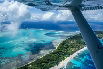 Fototapeta premium Beach with palm trees on the shore in the style of birds-eye-view. Turquoise and white plane view on beach. Beautiful simple AI generated image in 4K, unique.