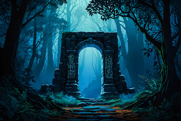  vector arA mysterious stone archway hidden amidst the trees of a mystical forest, its ancient...