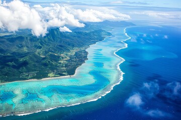 Beach with palm trees on the shore in the style of birds-eye-view. Turquoise and white plane view on beach. Beautiful simple AI generated image in 4K, unique.