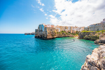 Cityscape of Polignano a Mare beach, Puglia region, Italy, Europe.  Seascape of Adriatic sea