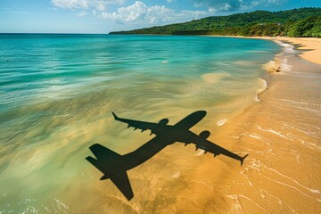 Beach with palm trees on the shore in the style of birds-eye-view. Turquoise and white plane view on beach. Beautiful simple AI generated image in 4K, unique.