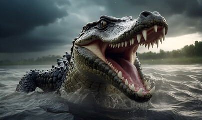 An angry crocodile leaps out of murky water, against a dark rainy sky
