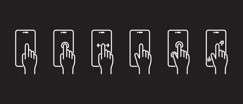 Finger tap smartphone gesture icon set, Outline style hand tuching and scrolling smartphone icons, Editable stroke, Eps10. Tapping the screen icon set, vector in black background.