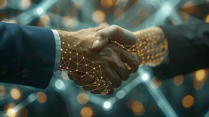 A close-up of a handshake, with digital blockchain icons representing trust and security in technological business dealings