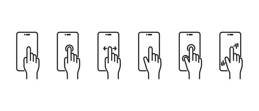 Finger tap smartphone gesture icon set, Outline style hand tuching and scrolling smartphone icons, Editable stroke, Eps10. Tapping the screen icon set vector in transparent background.