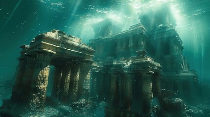 Majestic Submerged Kingdom of Atlantis With Golden Domes at Dusk