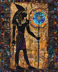 Colorful Reverse Glass Painting of Ancient Egyptian God, Daytime Indoors