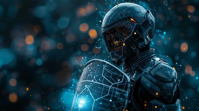 A cyber warrior avatar wielding a digital shield, symbolizing the protection of networks from intrusions and attacks