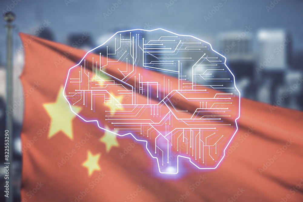 Poster virtual creative artificial intelligence hologram with human brain sketch on flag of china and blurr