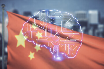 Virtual creative artificial Intelligence hologram with human brain sketch on flag of China and...
