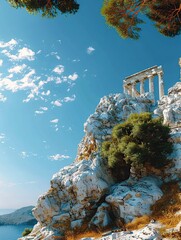 Ancient Greek Temple on Rocky Cliff Overlooking the Sea in Bright Daylight