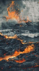 Fiery Lava Flow Meets Turbulent Ocean Waves During Sunset at Volcanic Coast