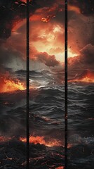 Fiery Lava Flow Meets Turbulent Ocean Waves During Sunset at Volcanic Coast