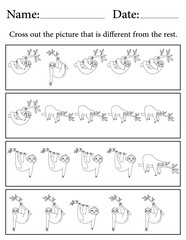 Sloth Puzzle. Printable Activity Page for Kids. Educational Resources for School for Kids. Kids Activity Worksheet. Find the Different Object