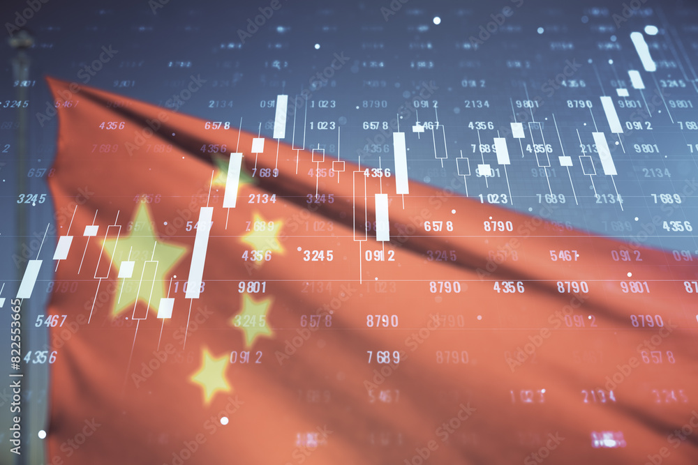Poster multi exposure of abstract virtual graphic data spreadsheet sketch on chinese flag and sunset sky ba