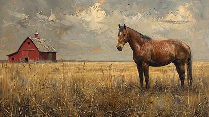 Majestic Horse in a Serene Field With a Rustic Barn on a Cloudy Day