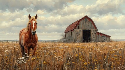 Majestic Horse in a Serene Field With a Rustic Barn on a Cloudy Day