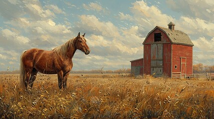 Majestic Horse in a Serene Field With a Rustic Barn on a Cloudy Day