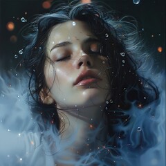 Young Woman With Abstract Background in Contemporary Art Piece During Sunset