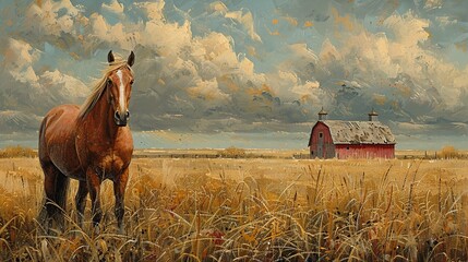 Majestic Horse in a Serene Field With a Rustic Barn on a Cloudy Day