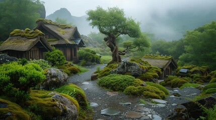 Peaceful Early Morning in a Feudal Japanese Village Amidst Misty Mountains