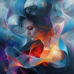 Young Woman With Abstract Background in Contemporary Art Piece During Sunset