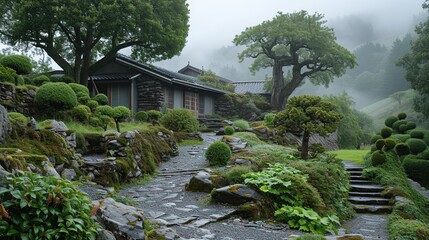 Peaceful Early Morning in a Feudal Japanese Village Amidst Misty Mountains