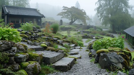 Peaceful Early Morning in a Feudal Japanese Village Amidst Misty Mountains