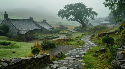 Peaceful Early Morning in a Feudal Japanese Village Amidst Misty Mountains