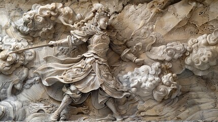 Intricate Medieval of Ocean Deities at Sunrise Depicting Mythological Tales