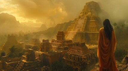 Majestic Ancient Inca Temple Illuminated at Sunset Amongst Clouds and Waterfalls