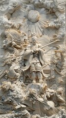 Intricate Medieval of Ocean Deities at Sunrise Depicting Mythological Tales