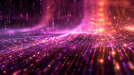 Naklejka premium A background filled with purple and black hues illuminated by numerous bright lights, quantum computers