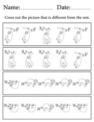 Sloth Puzzle. Printable Activity Page for Kids. Educational Resources for School for Kids. Kids Activity Worksheet. Find the Different Object