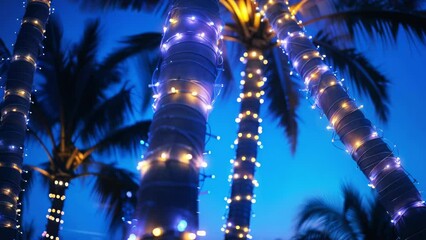 Twinkling fairy lights adorn a palm tree trunk with magical and festive atmosphere, perfect for tropical summer nights. Tropical Christmas, Festive Atmosphere Seamless Loop - Powered by Adobe