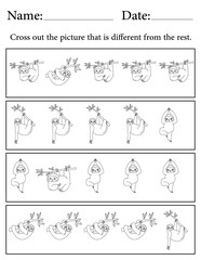 Sloth Puzzle. Printable Activity Page for Kids. Educational Resources for School for Kids. Kids Activity Worksheet. Find the Different Object