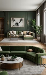 Stylish professional photograph of a dark green and brass luxury living room interior with velvet furniture and tropical plants