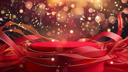 An opulent red podium with gracefully cascading ribbon decorations and gold lines, highlighted by a glittering light