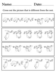 Sloth Puzzle. Printable Activity Page for Kids. Educational Resources for School for Kids. Kids Activity Worksheet. Find the Different Object
