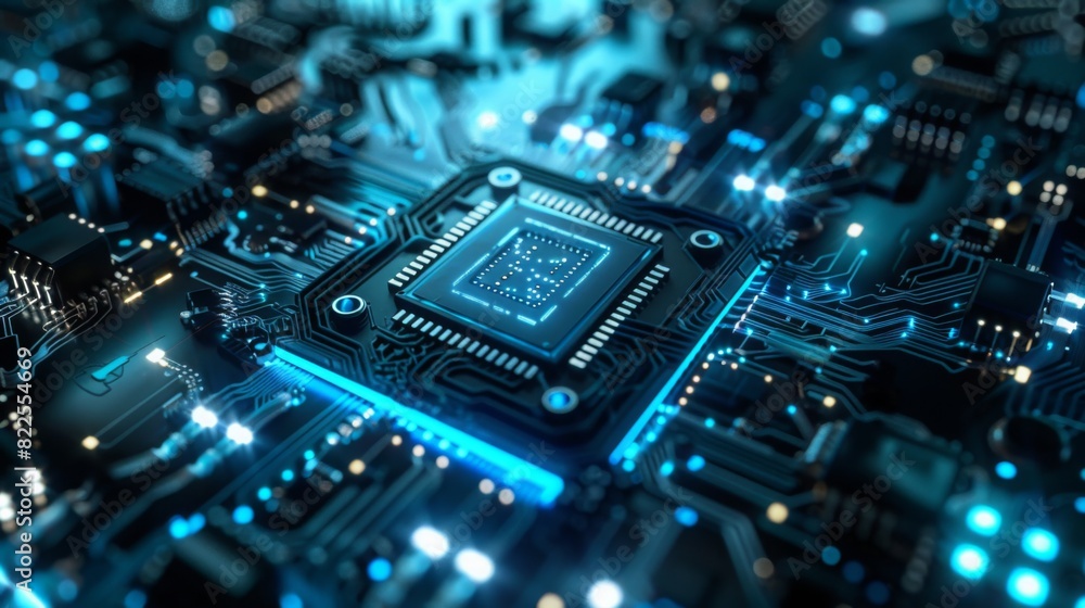 Poster detailed view of a computer chip showing intricate electronic components and circuitry.