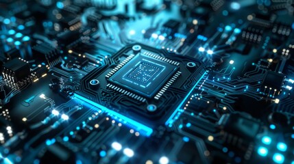 Fototapeta premium Detailed view of a computer chip showing intricate electronic components and circuitry.