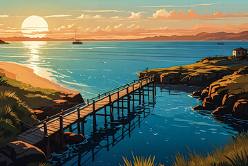 A serene coastal landscape with an ancient pier stretching out into calm waters, framed by rugged...