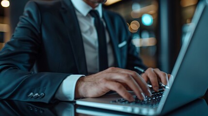 Focused Businessman in Suit Working on Laptop, Close-Up of Hands Typing and Determined Expression in Modern Office Setting.