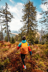 Fototapeta premium Hiking in mountains rakytov peak to Smrekovica. Tourist traveler. Hiking in Slovakia mountains landscape. Velka Fatra national park, Slovakia.