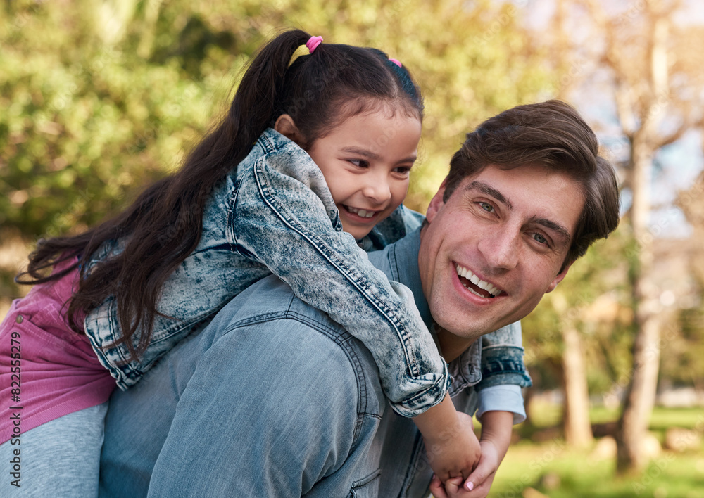 Poster Portrait, father and girl in park for piggyback, playing and bonding together with smile. Happy family, parent or dad with daughter outdoor in nature for relaxing, recreation or physical activity