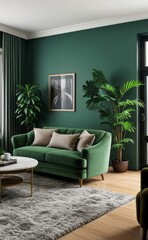 Stylish professional photograph of a dark green and brass luxury living room interior with velvet furniture and tropical plants