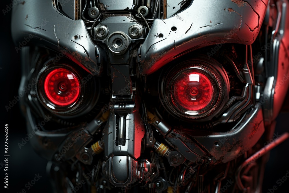 Poster metallic robot face. science ai model. generate ai