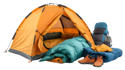 Camping Gear with Tent for Outdoor Adventure, Isolated on White, Transparent Background, PNG File, Hand Edited Generative AI